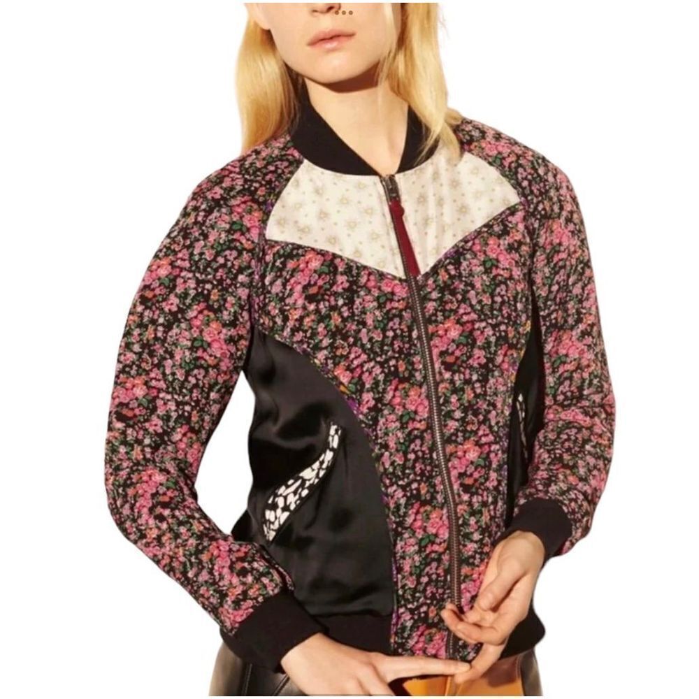 Coach Floral Print Silk Raglan Varsity Jacket Women’s Pink Multicolor Size Small